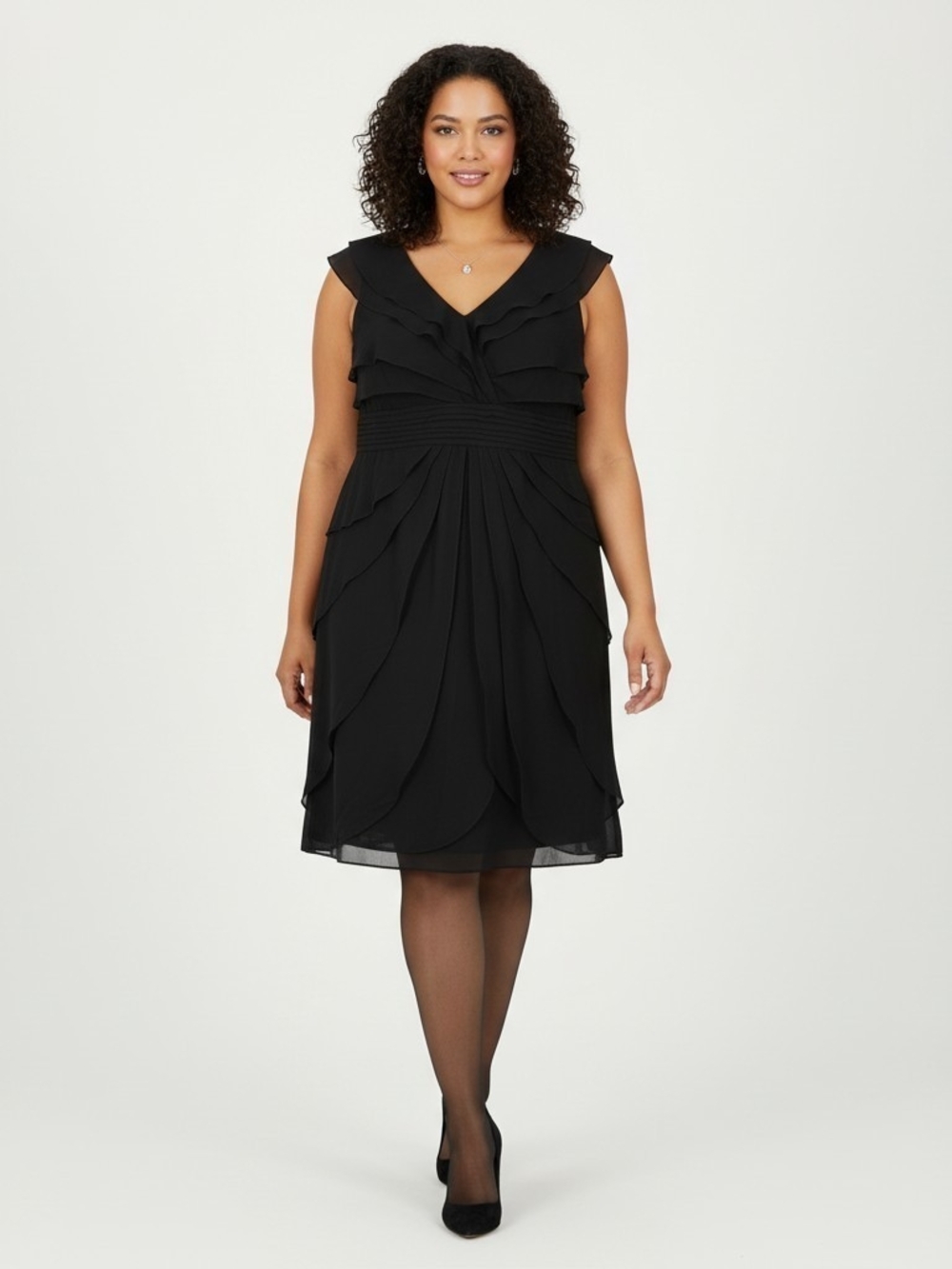 NWT Scarlett Black Ruffle Front Midi Evening Dress Size 24